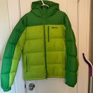 Mens Marmot Two-Tone Green Puffer Down Hoodie